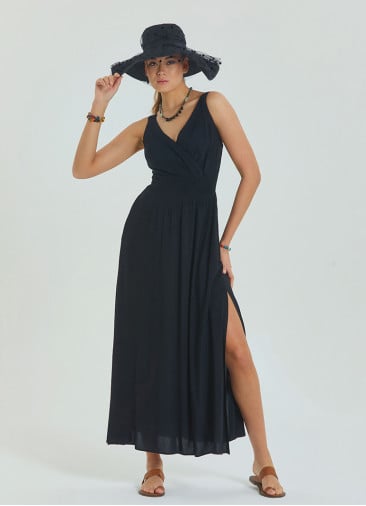 V Neck Double Breasted Black Long Dress 4560